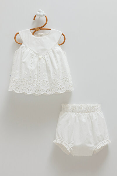 Caramell 100% Cotton Baby Girl Summer Set, Two-Piece, Ecru, Scallop Embroidered