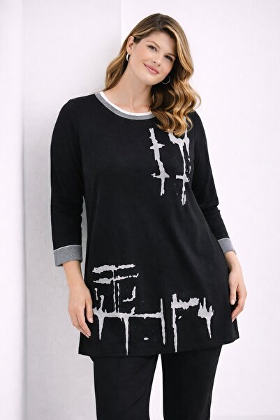 Şans Women's Plus Size Black, Stone Embellished, Ribbed Detail at Collar and ...