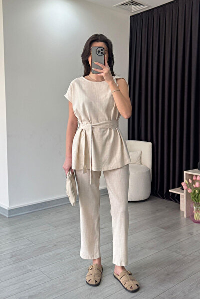 ÇEÇİM Kadın Kuşaklı Kolsuz Takım Bluz Pantolon NSA-58061