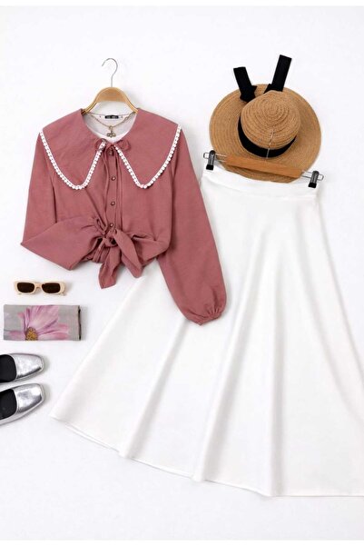 MODA VEDAT Women's Collar with Scallop Detail - Puff Scuba Skirt Set