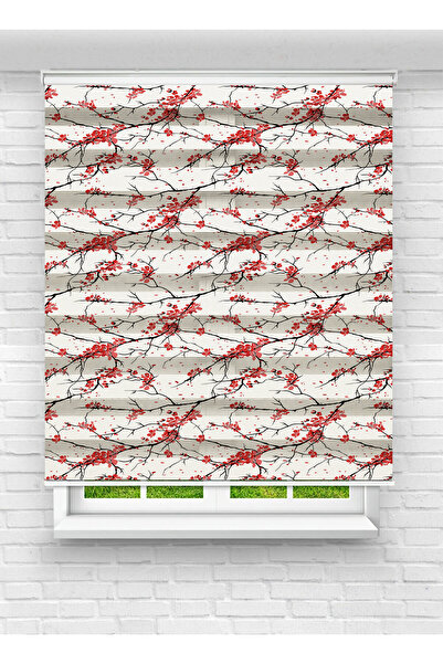 Enzo Home Kırmızı Dal Çiçek Desenli Baskılı Zebra Perde – Sakura Stil