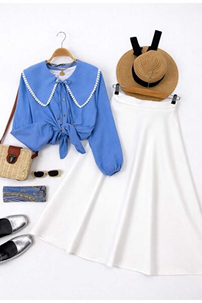 MODA VEDAT Women's Collar with Scallop Detail - Puff Scuba Skirt Set