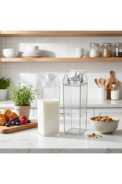 ROYALGROSS 1000 ml Şeffaf Süt Kutusu Tasarımlı Akrilik Matara - Süt, Meyve Su...