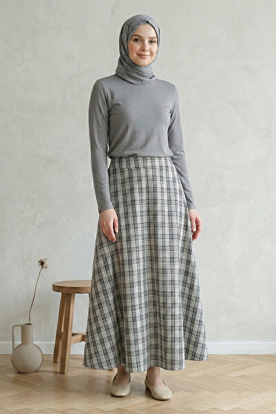 Kirazgym Women's Elastic Waist Plaid Patterned Polyviscon Skirt - Light Gray