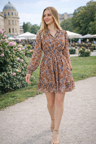 FUDS UNİON Floral Patterned Chiffon Mini Dress – with Gathered Waist Detail