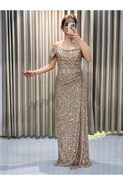 Kaleiçi Yıldızlar Gold Kayık Yaka Abiye Elbise |