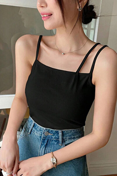 ROSAMİNA Women's Black Camisole Fabric Three Strap Ball Blouse