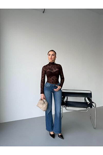 Elaxi Women's Stand Collar Transparent Flocked Shawl Pattern Printed Tulle Bl...