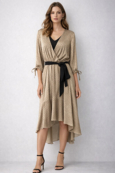 AYHAN 61644 Fusta cu curea cu guler dublu, cu talie elastică, rochie din sati...