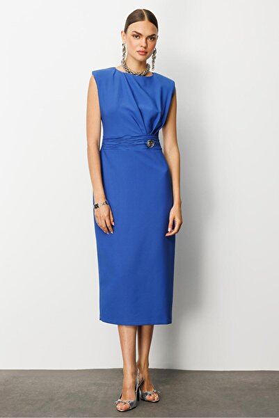 Moda İlgi MODAİLGİ Toka Aksesuarlı Midi Boy Elbise 60029 Mavi