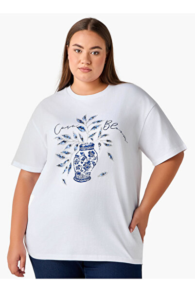 Ulla Popken تيشيرت قطني بقصة مريحة مزين بطبعة مزهرية وتطريز