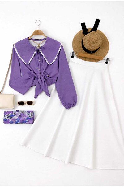 MODA VEDAT Women's Collar with Scallop Detail - Puff Scuba Skirt Set