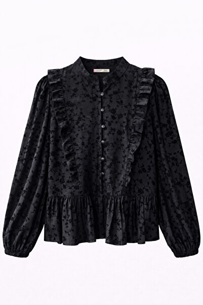 Mixray 4807 Kadın Çiçek Desen Hakim Yaka Fırfırlı Bluz Siyah