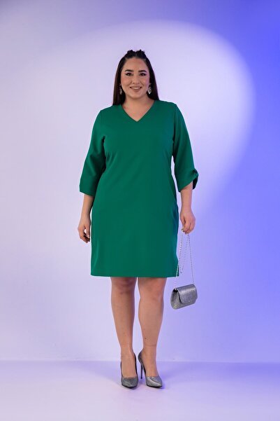 Roxxlen Rochie de damă mărime mare, cu decolteu în V și detaliu la mâneci