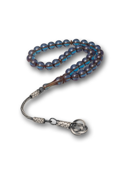 STİLLOVE Silver Kazaz Tasseled Transparent Blue Crimped Amber Prayer Beads