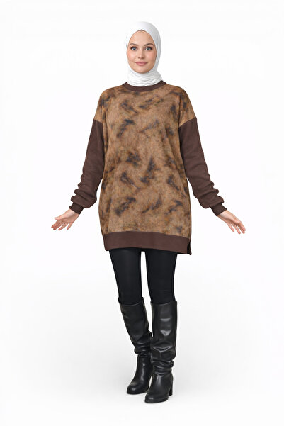 MODASPARK Brown Silk Cupra Slit Mercerized Women's Knitwear Tunic