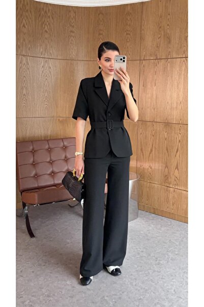 HAZELANNA Set negru jachetă cu curea și pantaloni