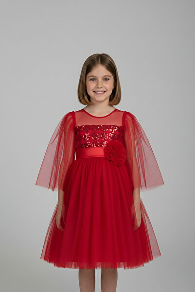 FATELLA Girl's Glittery and Floral Detailed Dress Red Princess Model Tulle Dr...