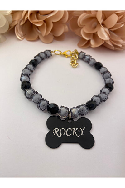 Store İsimli Siyah Kedi Tasması Boncuklu Köpek Tasması Kolye Kişiye Özel Meta...