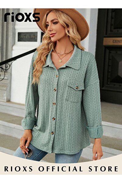 RIOXS Women's Button Down Jacket, Loose Knitted Long Sleeve Collared Cardigan...