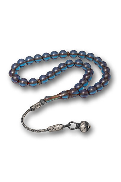 STİLLOVE سبحة من العنبر الأزرق الشفاف مع كرة فضية وشرابة كازاز