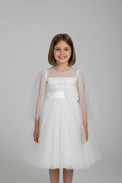 FATELLA Girl's Dress with Glitter and Floral Details White Princess Model Tul...