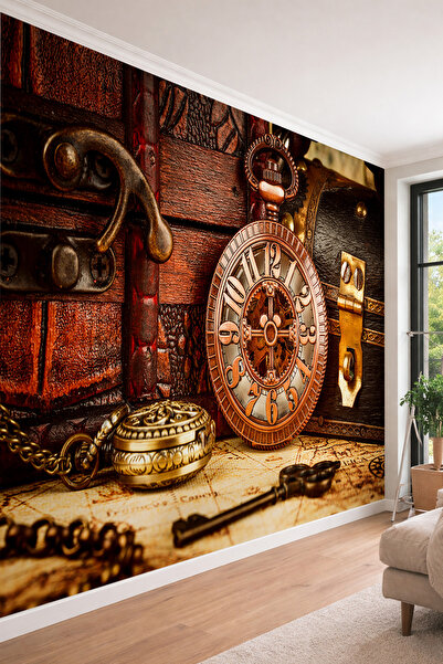 dreamwall Antika Hazine Sandığı ve Saat - Nostaljik Temalı Tek Parça Tekstil ...