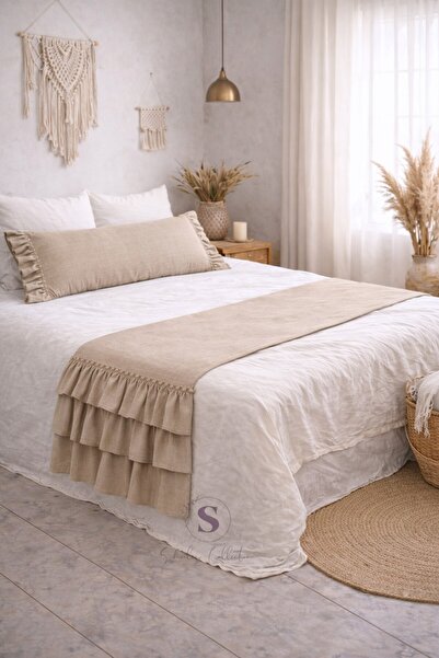 shules collection Naturel Buldan 3 Ruffled Bed Runner & Inner-Filled Throw Pi...