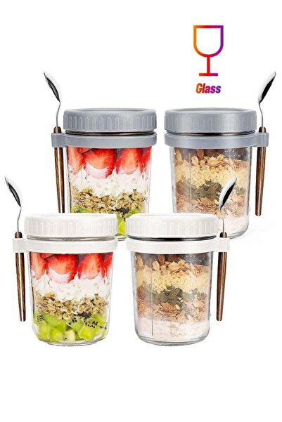 WINEENEE Overnight Oats Jars with Spoon and Lid 350ML [4 Pack]