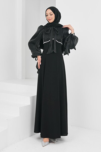 İmajButik Siyah Balon Kol Taş Detaylı Abiye