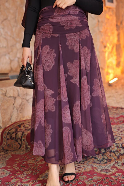 İmajButik Purple Patterned Chiffon Skirt with Drawstring Detail at the Waist ...