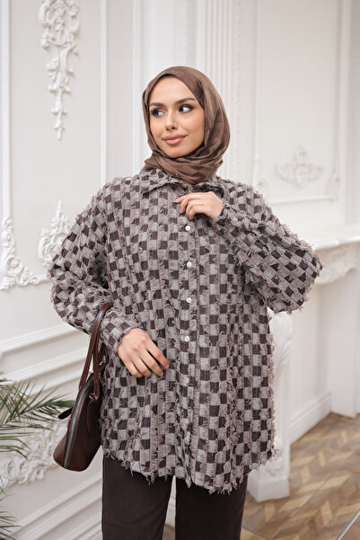 İmajButik Brown Color Block Oversized Shirt with Tassels