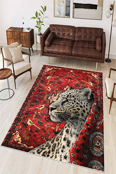 Pelura Halı Leopar Figürlü Kırmızı Etnik Dijital Baskılı Yıkanabilir Kaymaz T...