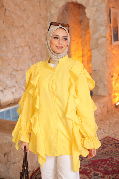 İmajButik Cămașă cu volane și mâneci elastice galbene