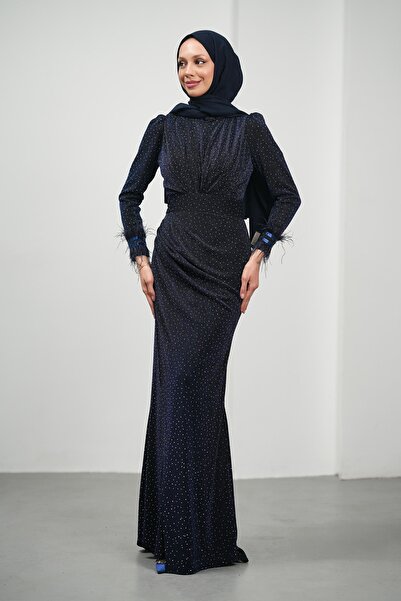 İmajButik Lacivert Kolları Tüğlü Taşlı Abiye