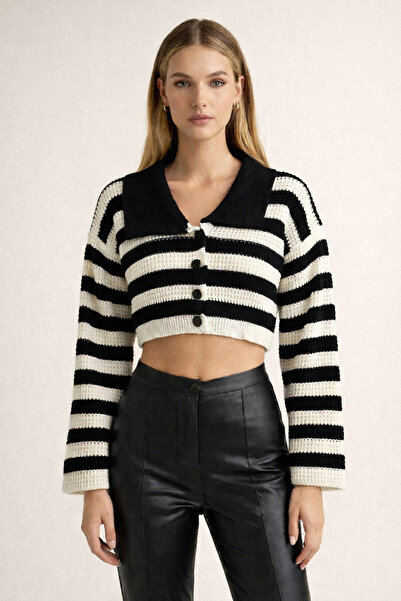 Kirazgym Wide Collar Openwork Knitwear Crop Cardigan