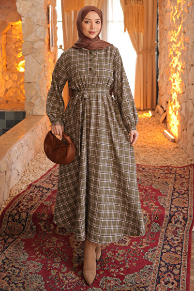 İmajButik Khaki Belted Buttoned Front Long Plaid Dress