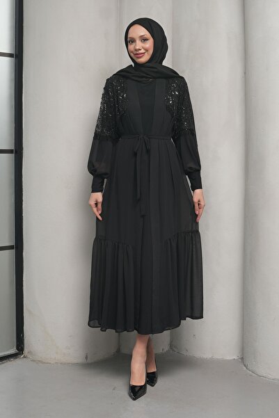 İmajButik Μαύρο Σετ Αμπάγια με Κεντημένες Χάντρες και Διπλό Σχέδιο