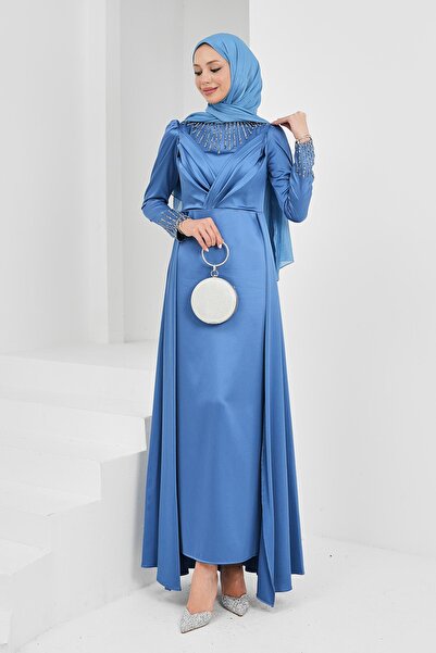 İmajButik Indigo Satin Evening Dress with Stones on the Front