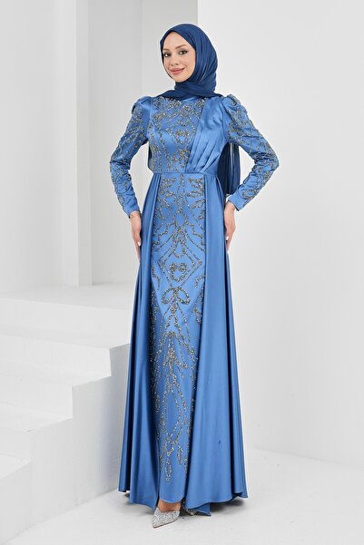 İmajButik Indigo Satin Evening Dress with Stones on the Front