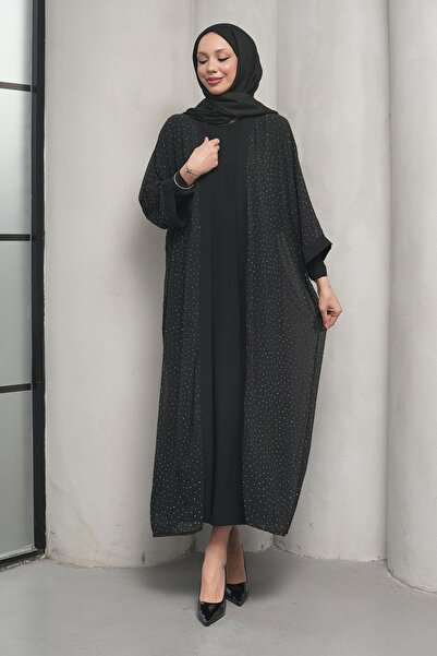 İmajButik Set Abaya dublu brodat cu piatră neagră
