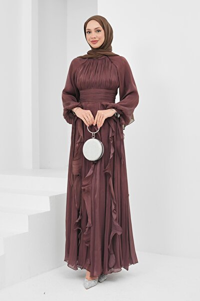 İmajButik Dusty Rose Draped Front Evening Dress with Tie Sleeves