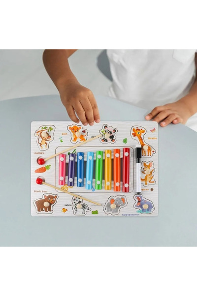 wood toys Puzzle din lemn cu nasturi și xilofon, 18 luni+