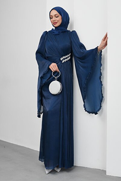 İmajButik Lacivert Bel Taşlı Şifon Abiye