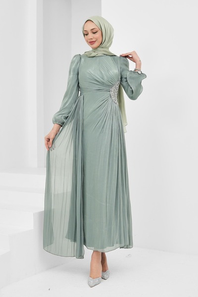İmajButik Mint Yeşili Kolu Lastikli Taş Detaylı Abiye