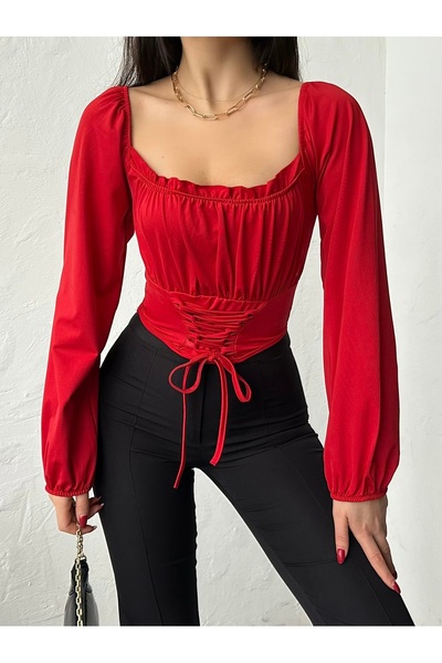 QUTTA Women's Red Balloon Sleeve Tie-Up Corset Look Madonna Collar Diver Fabr...
