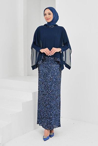 İmajButik Navy Blue Sequined Evening Dress with Chiffon Detail on the Top