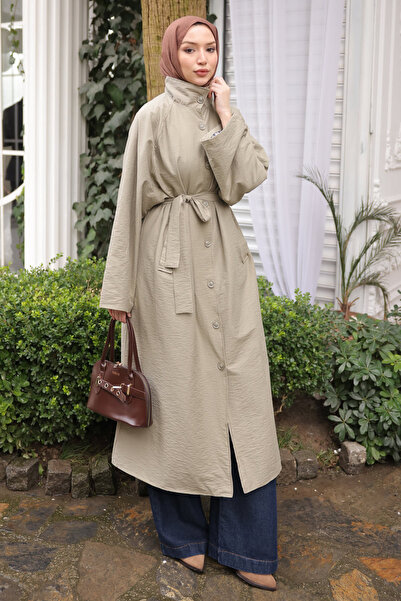 İmajButik Χακί Υπερμεγέθης Καμπαρντίνα με Ζώνη και Τσέπες