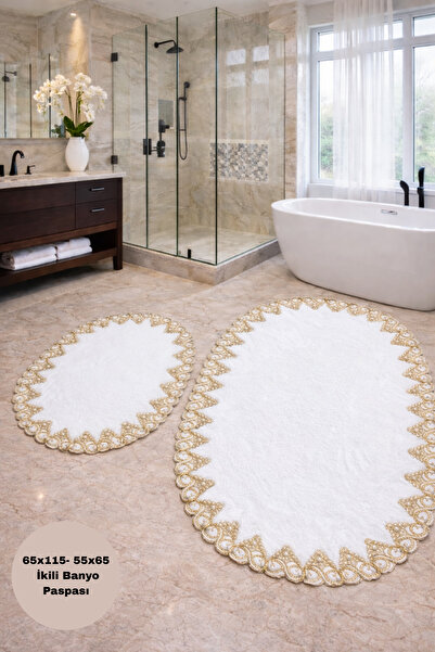 Bestekar Σετ χαλάκια μπάνιου Alina White-Gold French Lace Διπλό Σετ Χαλάκια Μ...