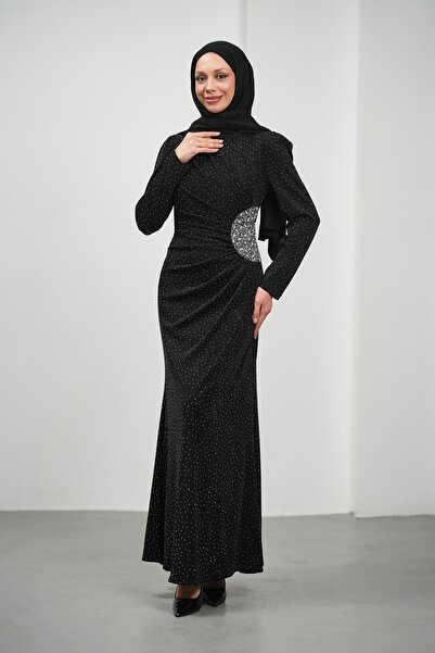 İmajButik Siyah Önü Drapeli Taşlı Abiye